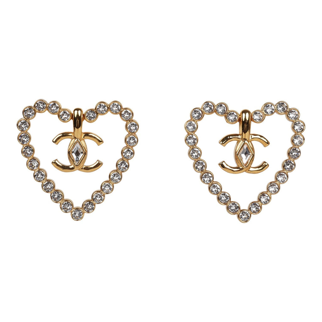 Chanel Heart Shaped Rhinestone Earrings With Gold Metal CC Drop