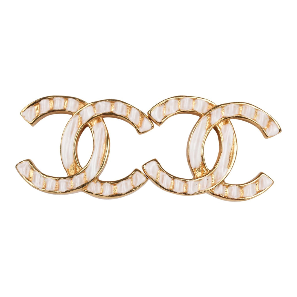 Chanel CC Stud Earrings White Textured Enamel and Gold Metal