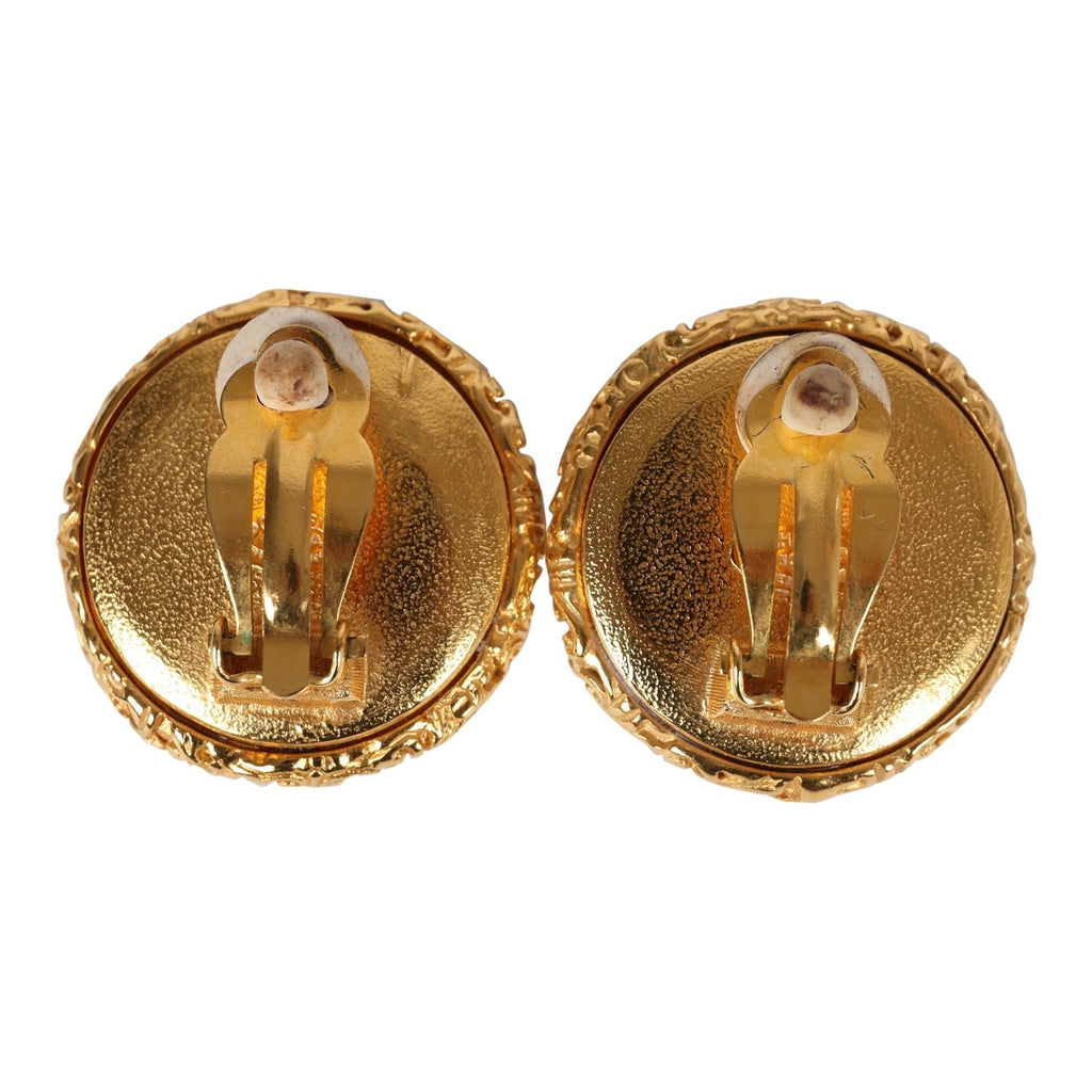 Chanel Vintage 24K Gold Plated Lava CC and Faux Pearl Earrings