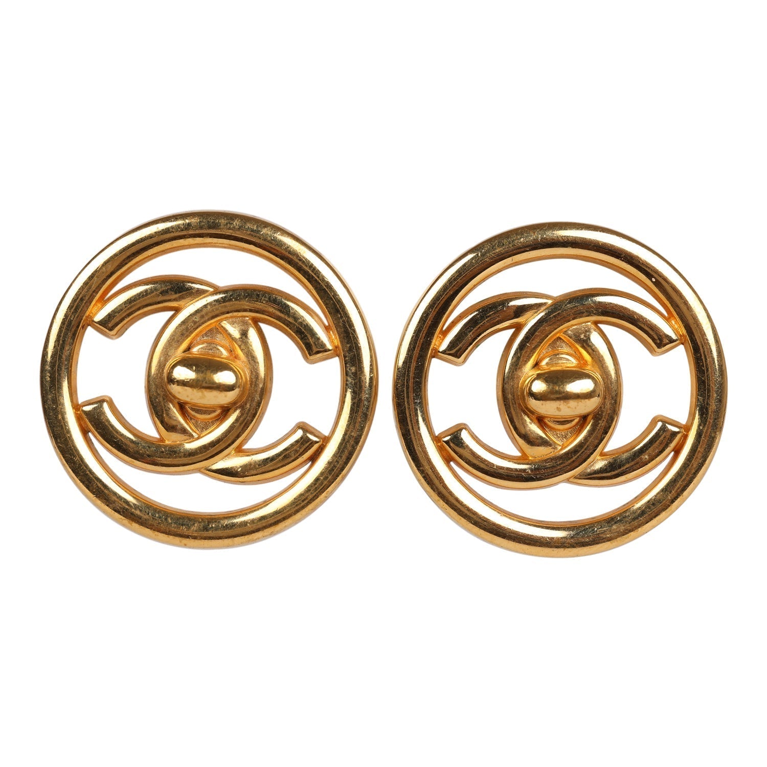 Chanel Vintage 24K Gold Plated CC Circle Turnlock Earrings