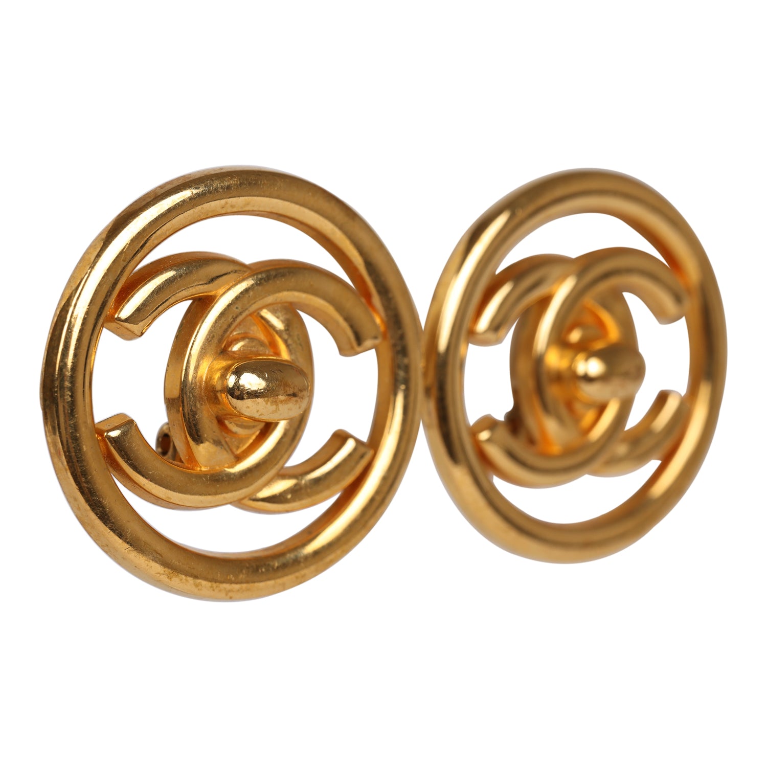 Chanel Vintage 24K Gold Plated CC Circle Turnlock Earrings