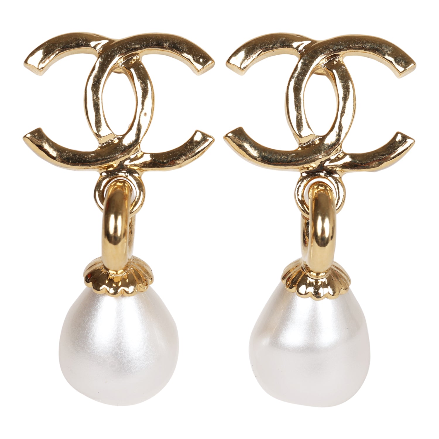 Chanel CC Pearl Drop Dangle Earrings Pearl & Gold Metal