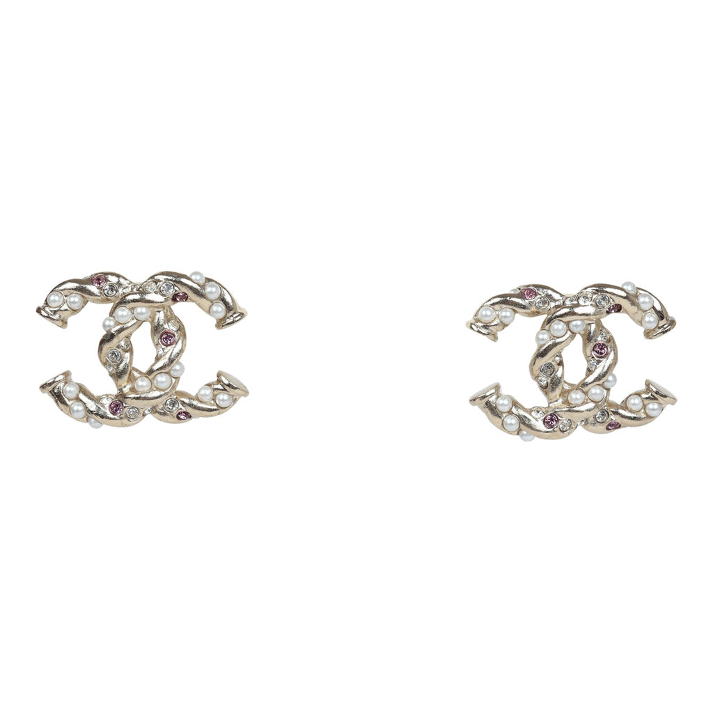 Chanel Twisted CC Light Pink and White Crystal and Pearl Earrings Gold Metal Hardware