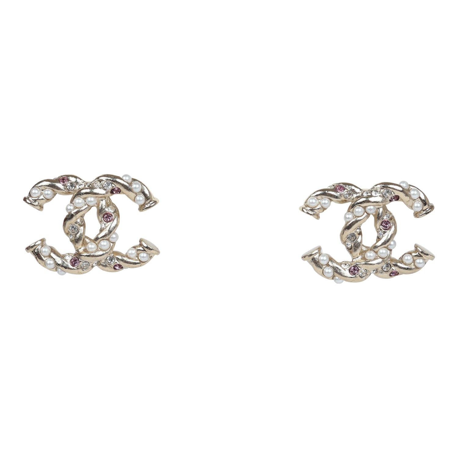 Chanel Twisted CC Light Pink and White Crystal and Pearl Earrings Gold Metal Hardware