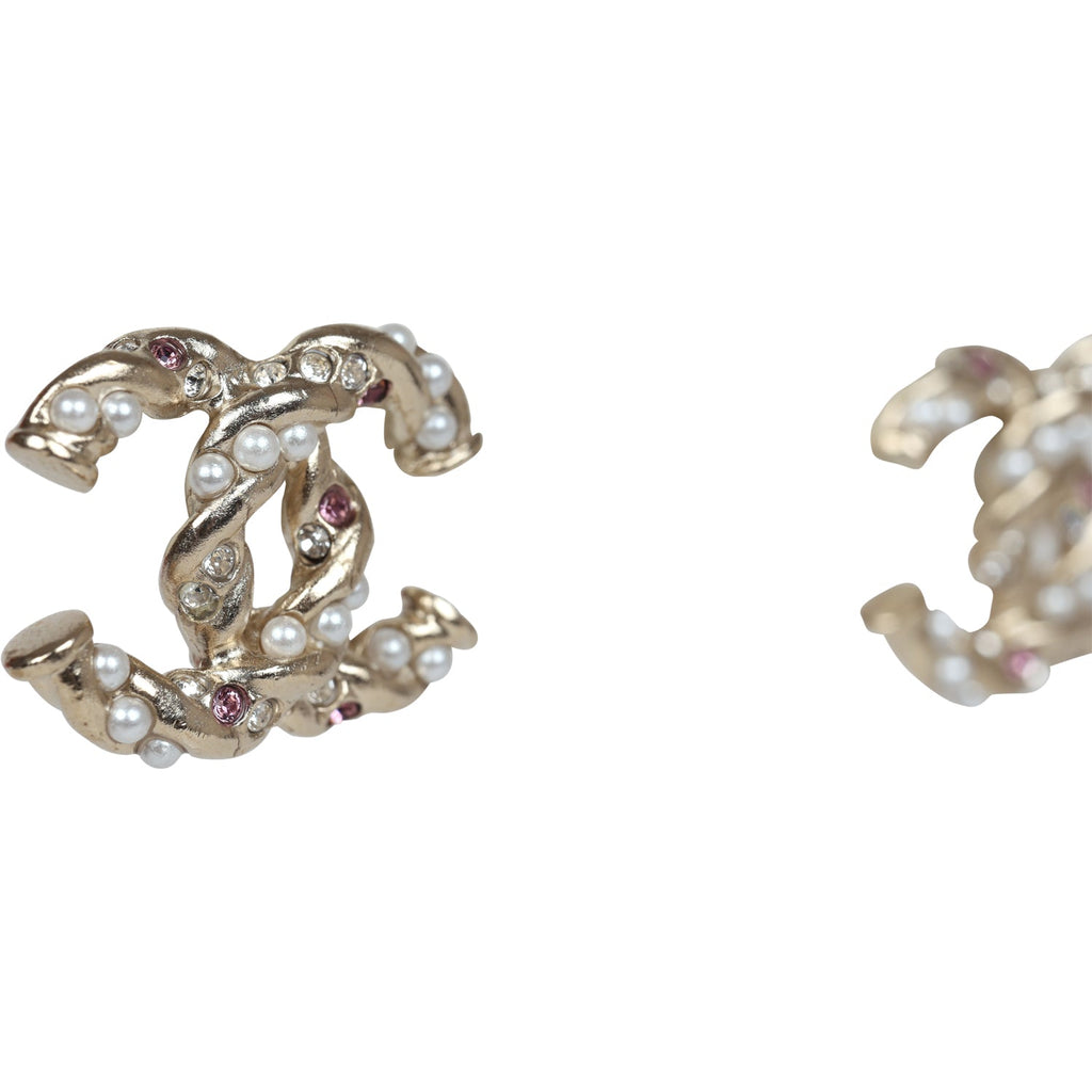 Chanel Twisted CC Light Pink and White Crystal and Pearl Earrings Gold Metal Hardware