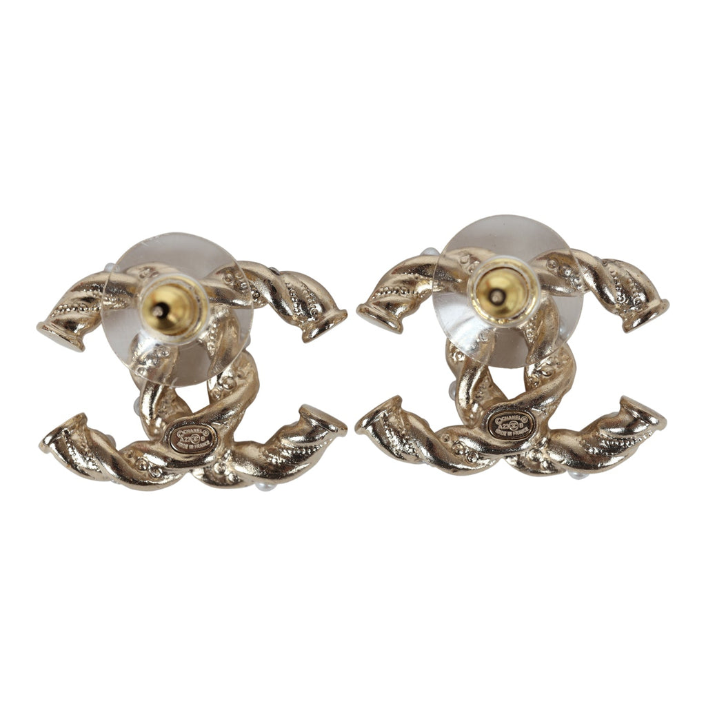 Chanel Twisted CC Light Pink and White Crystal and Pearl Earrings Gold Metal Hardware