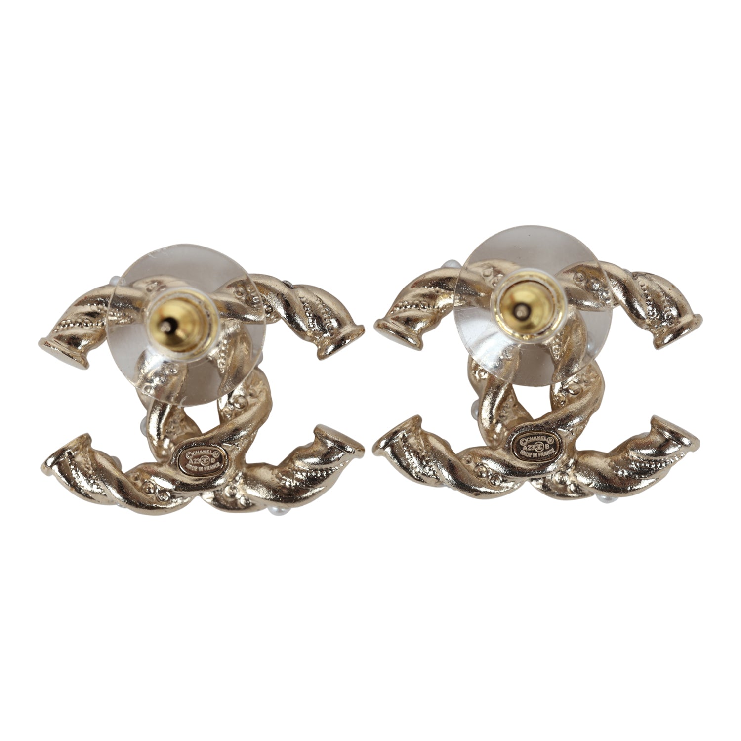 Chanel Twisted CC Light Pink and White Crystal and Pearl Earrings Gold Metal Hardware