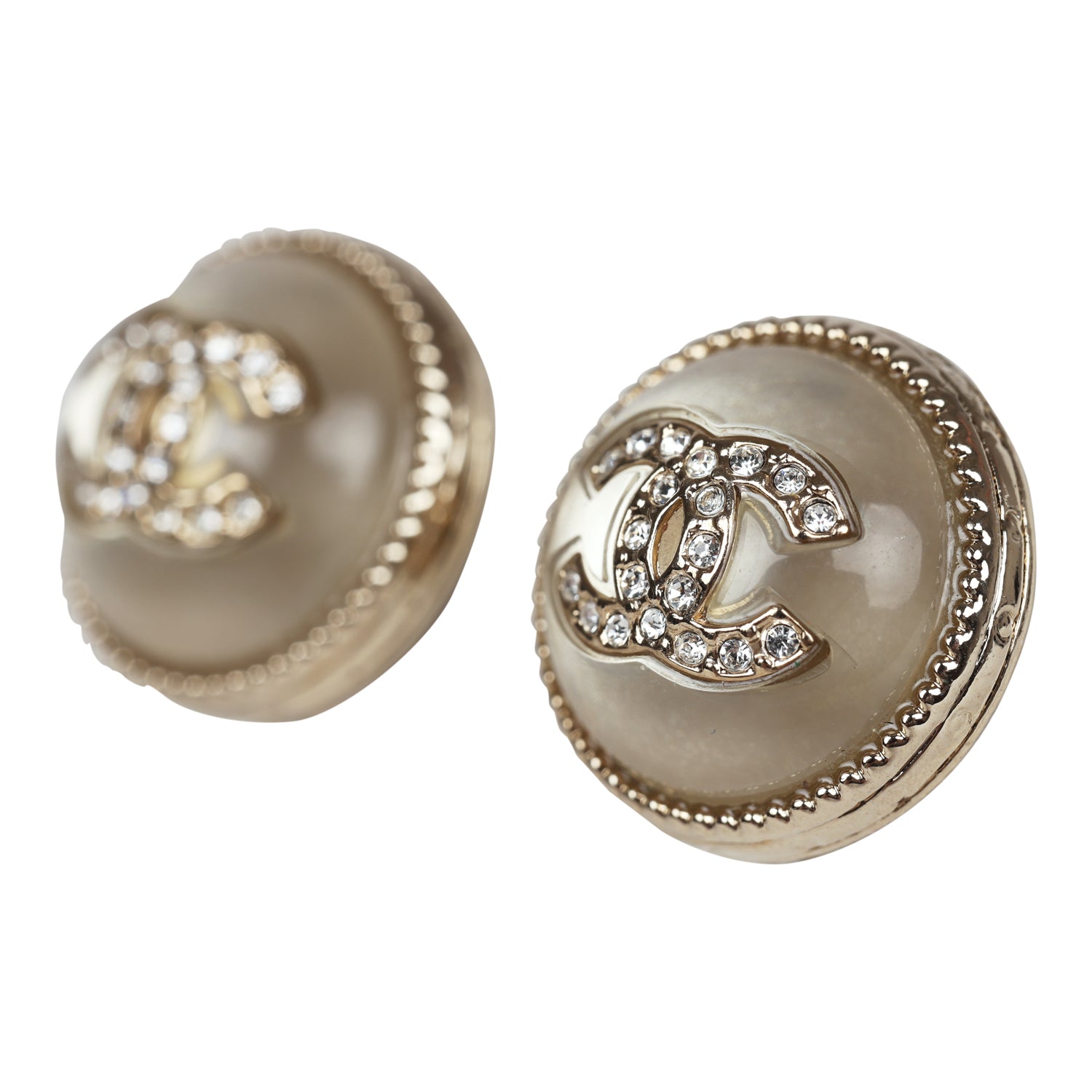 Chanel Crystal CC Round Pearl Button Earrings Light Gold Hardware