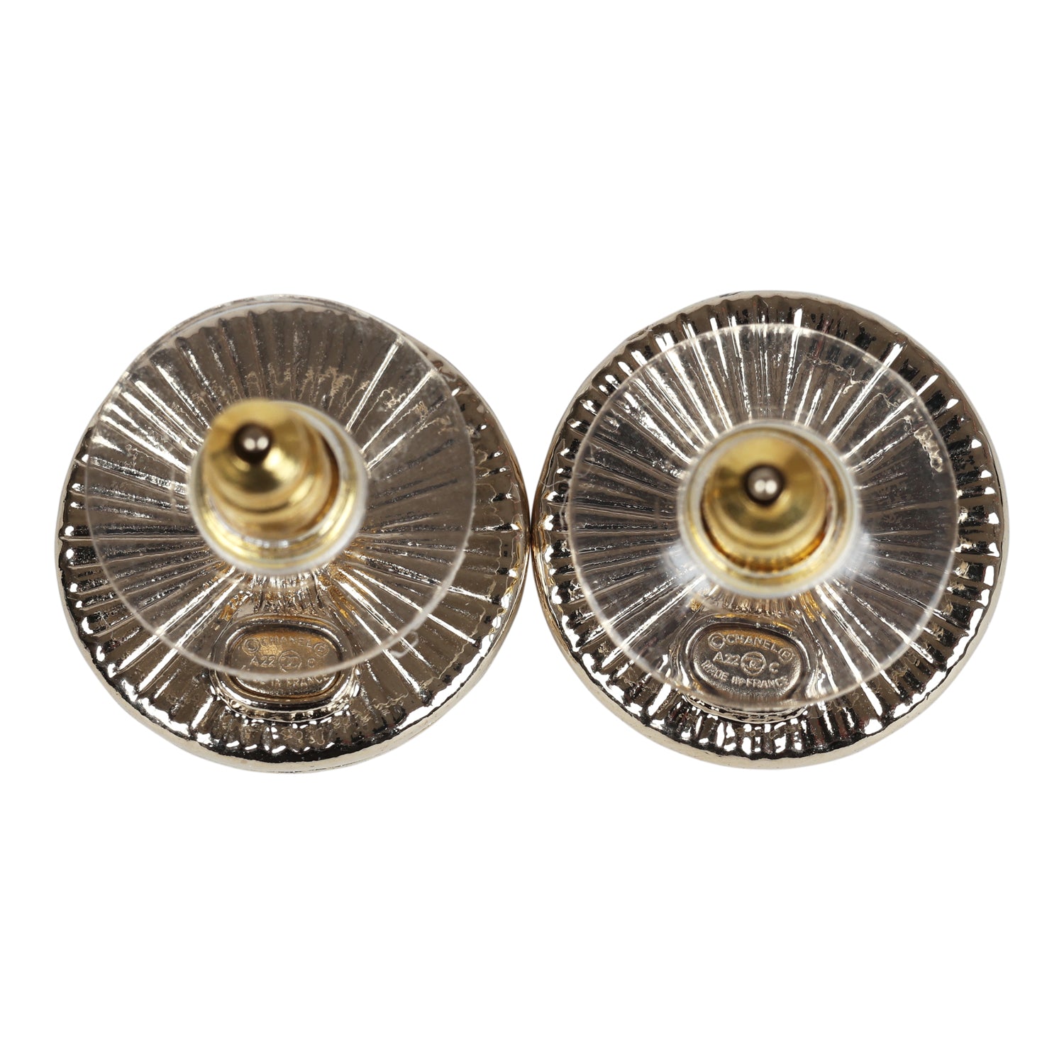 Chanel Crystal CC Round Pearl Button Earrings Light Gold Hardware