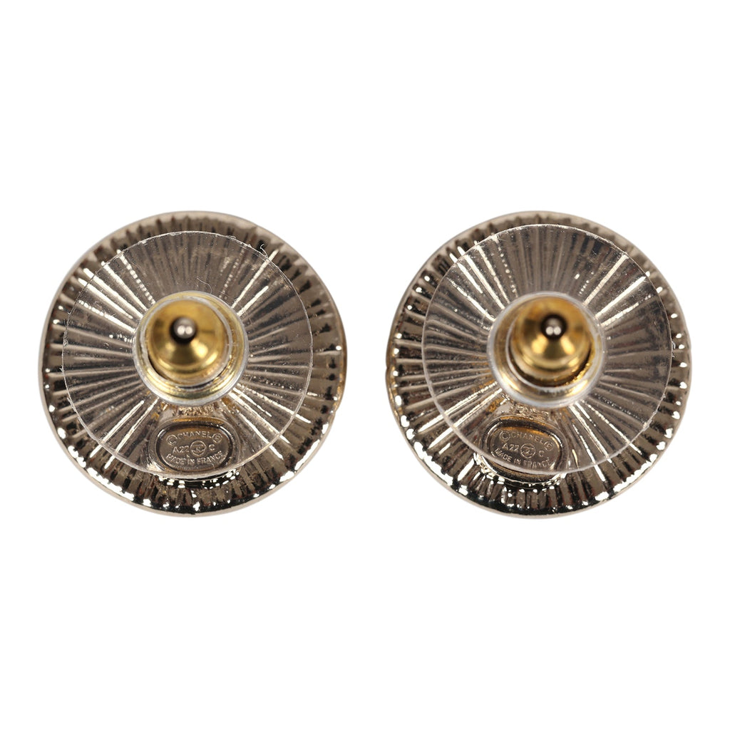 Chanel Crystal CC Round Pearl Button Earrings Light Gold Hardware