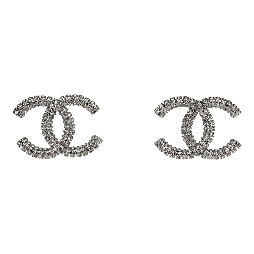 Chanel Large Crystal CC Stud Earrings Silver Hardware