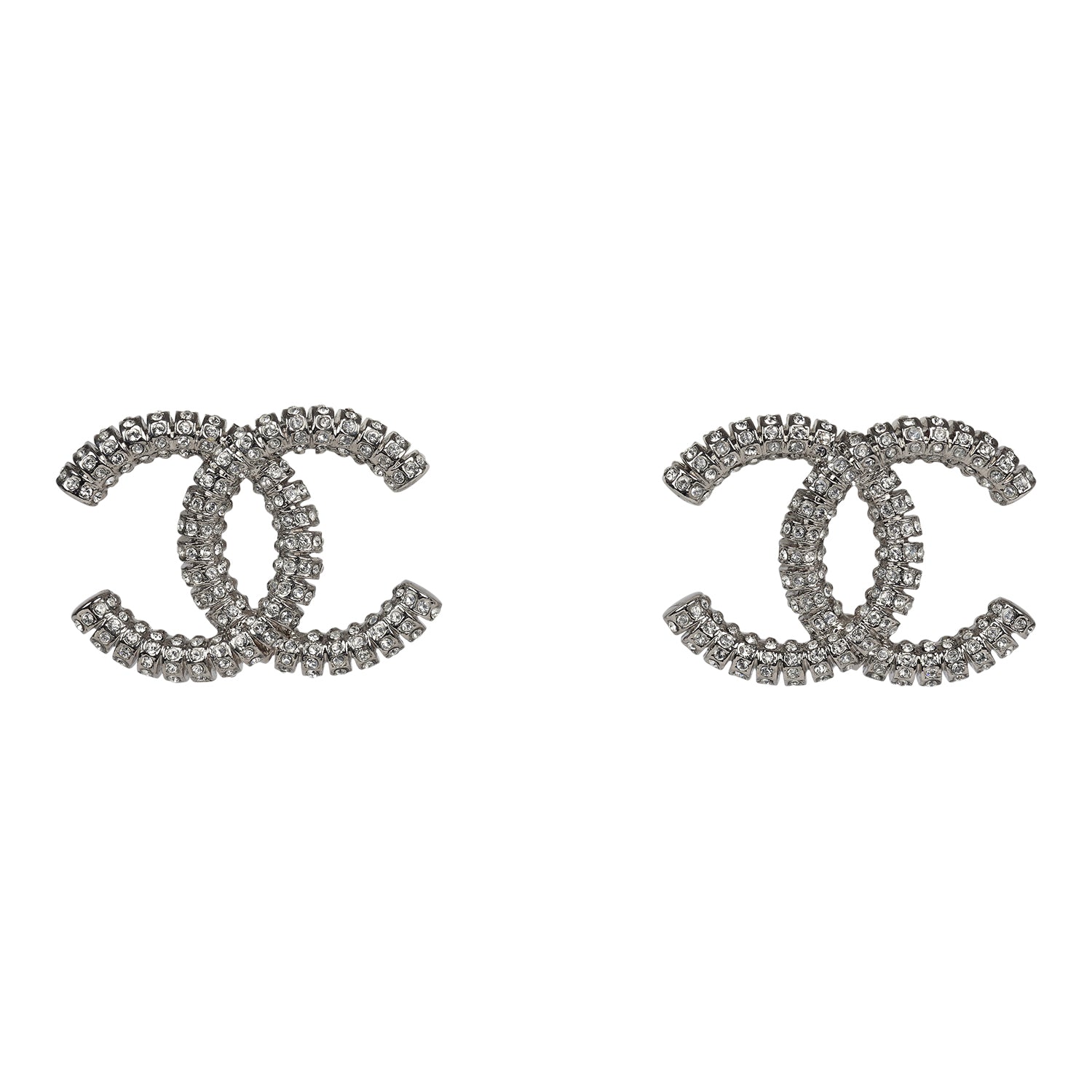 Chanel Large Crystal CC Stud Earrings Silver Hardware
