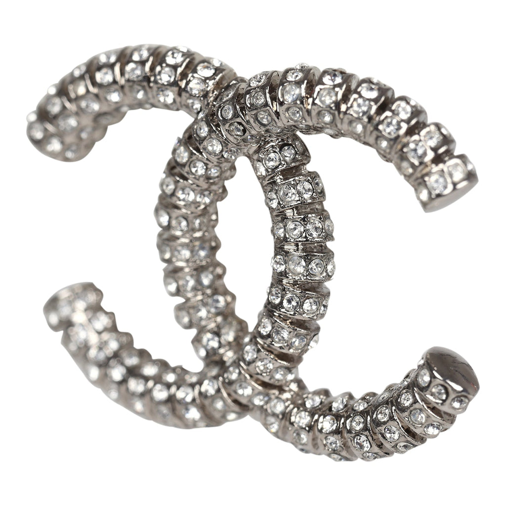Chanel Large Crystal CC Stud Earrings Silver Hardware