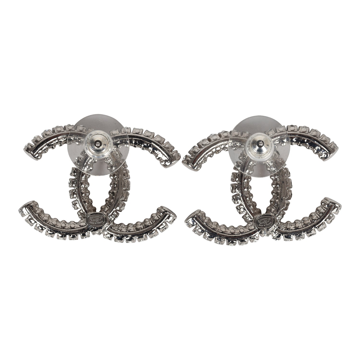 Chanel Large Crystal CC Stud Earrings Silver Hardware