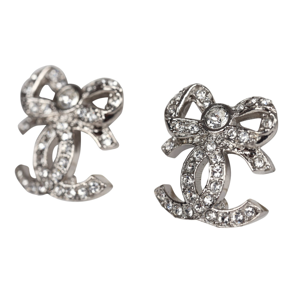 Chanel Mini Crystal Bow CC Stud Earrings Silver Hardware