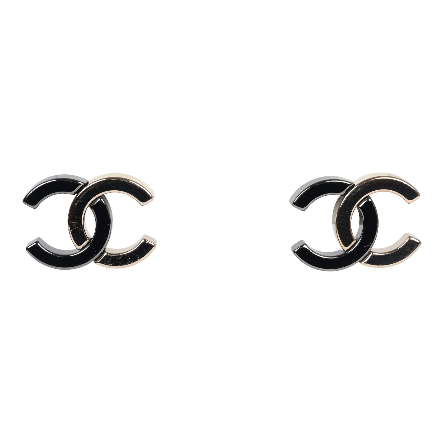 Chanel CC Two-Tone Stud Earrings Ruthenium & Light Gold Hardware