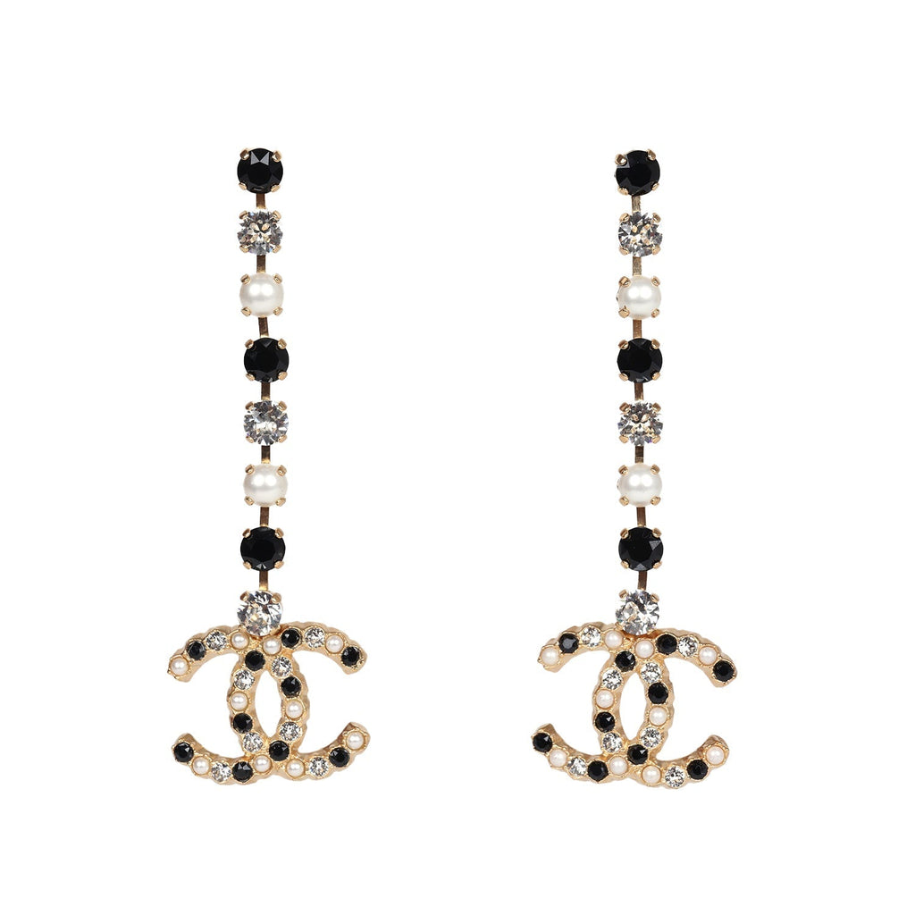 Chanel CC Black/White Crystals and Pearls Drop Earrings Gold Hardware