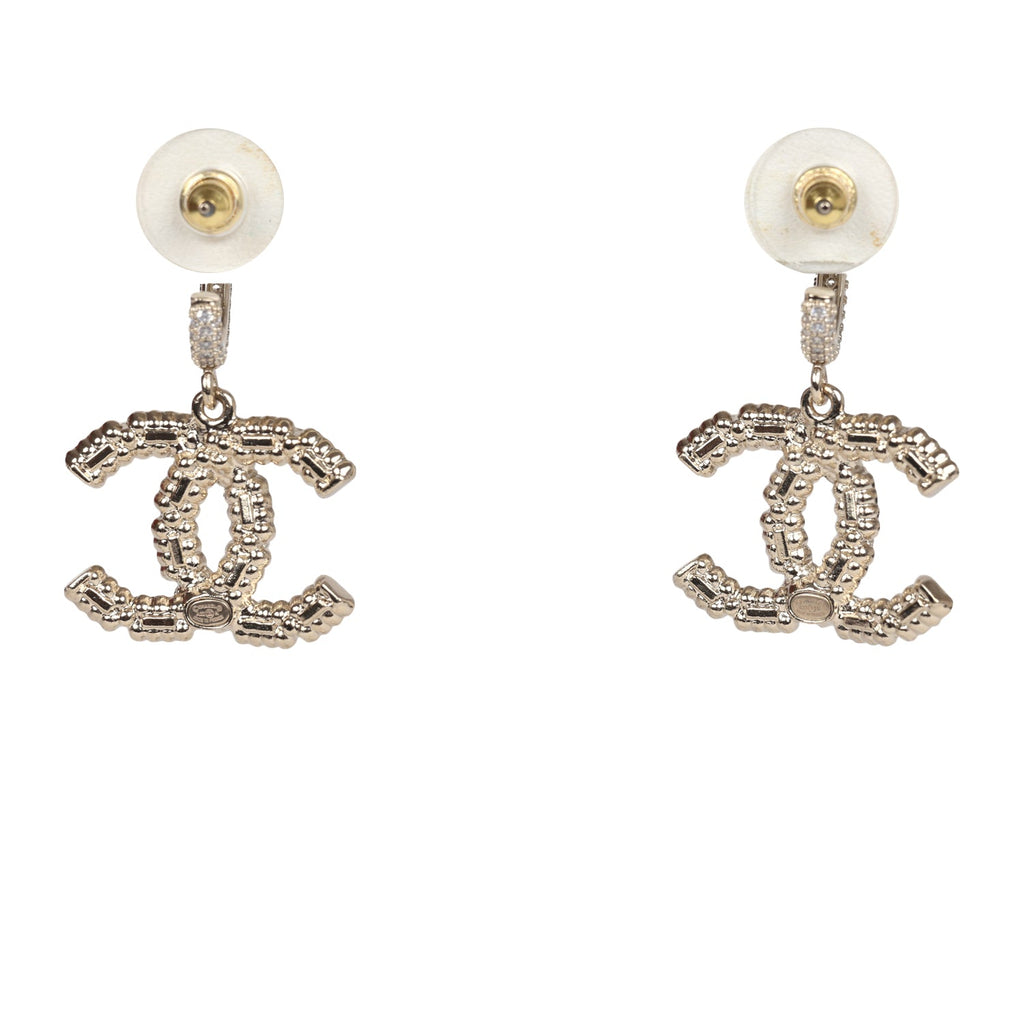 Chanel Crystal CC Dangle Hoop Earrings Silver Light Gold Hardware