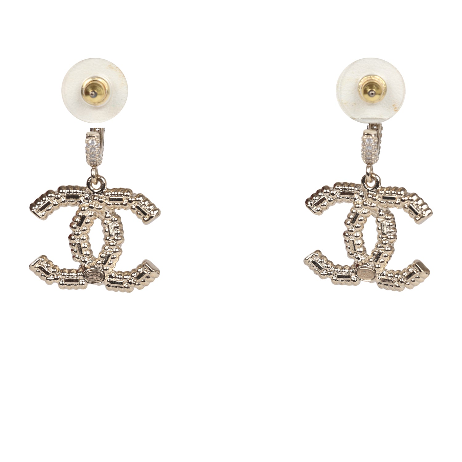 Chanel Crystal CC Dangle Hoop Earrings Silver Light Gold Hardware