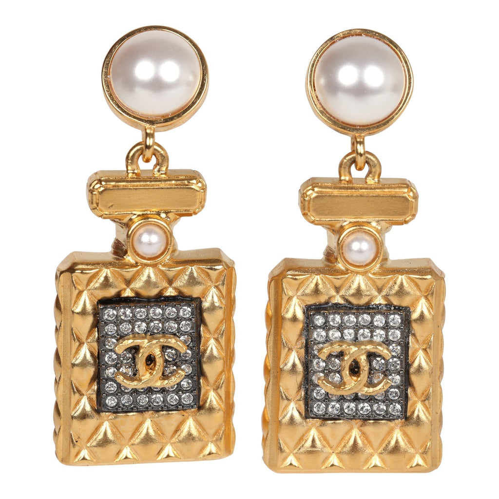 Chanel Crystal Pearl Perfume Bottle Dangle Earrings Gold Hardware