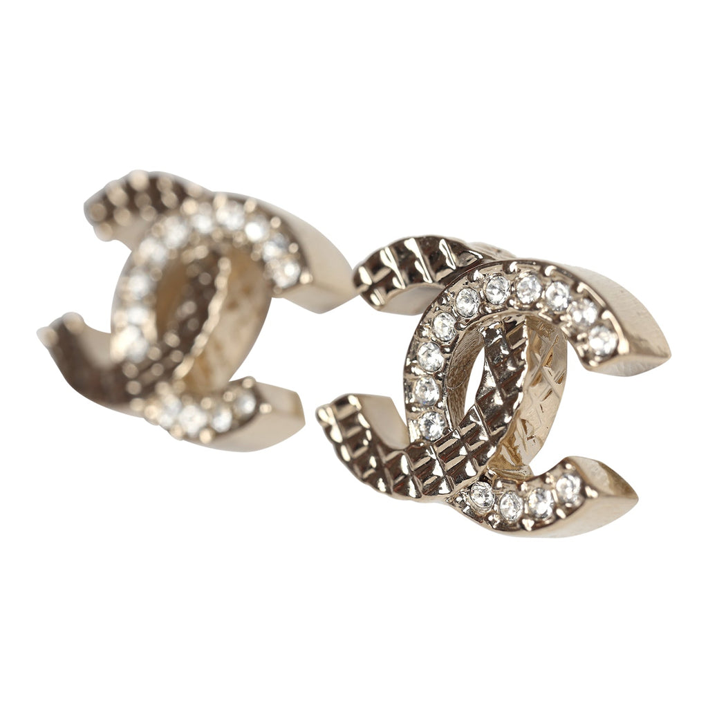 Chanel Small Quilted Crystal CC Stud Earrings Light Gold Hardware