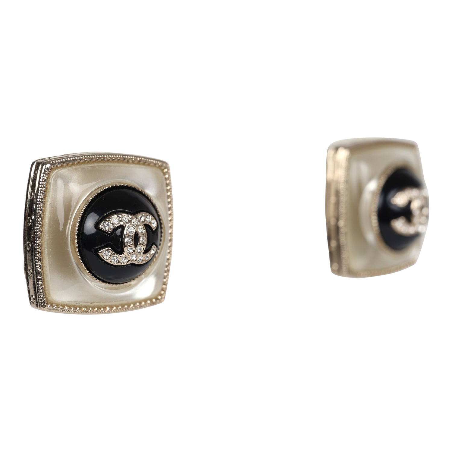 Chanel Crystal CC Square Pearl Stud Earrings Light Gold Hardware