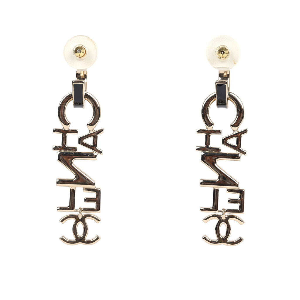 Chanel "Chanel" Letter Drop Earrings Black/White Enamel Light Gold Hardware