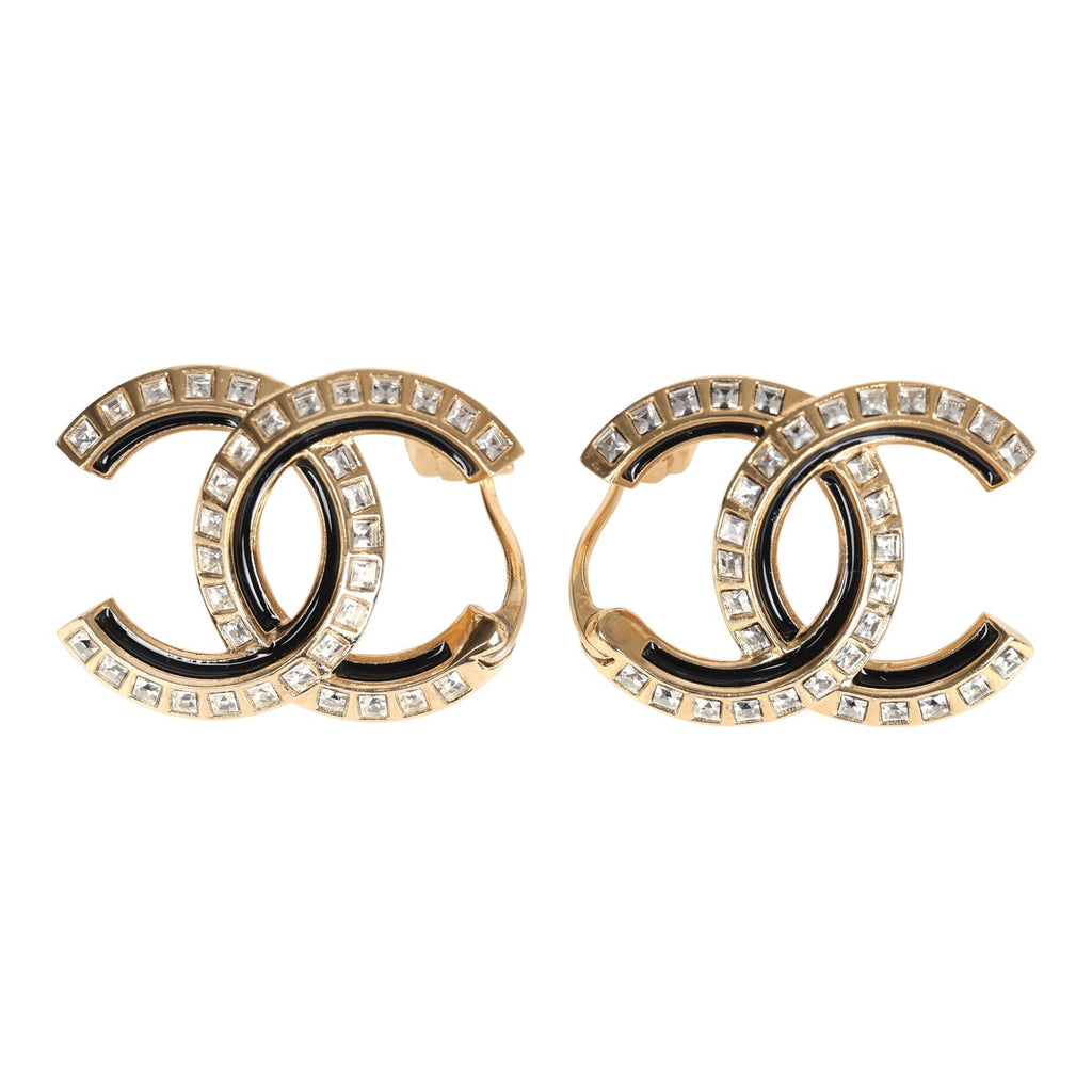 Chanel Crystal CC Earrings Black Enamel & Gold Hardware