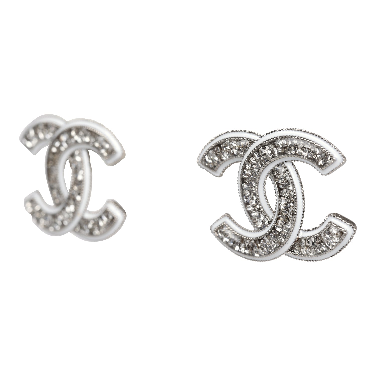 Chanel Large Lucite CC Crystal Stud Earrings White Enamel and Silver Hardware