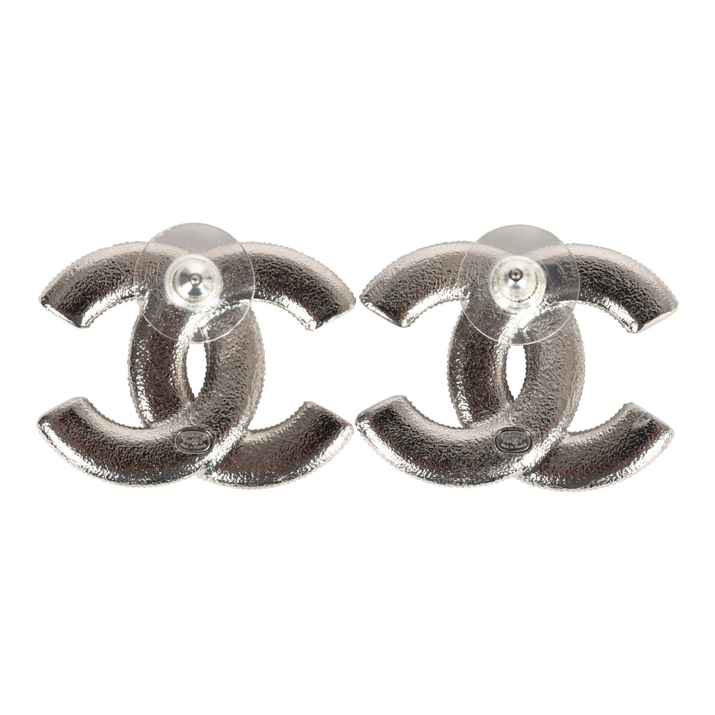 Chanel Large Lucite CC Crystal Stud Earrings White Enamel and Silver Hardware