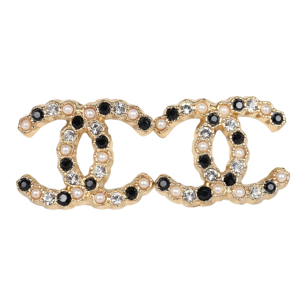 Chanel CC Crystals & Resin Pearls Stud Earrings Black and White Gold Tone Metal