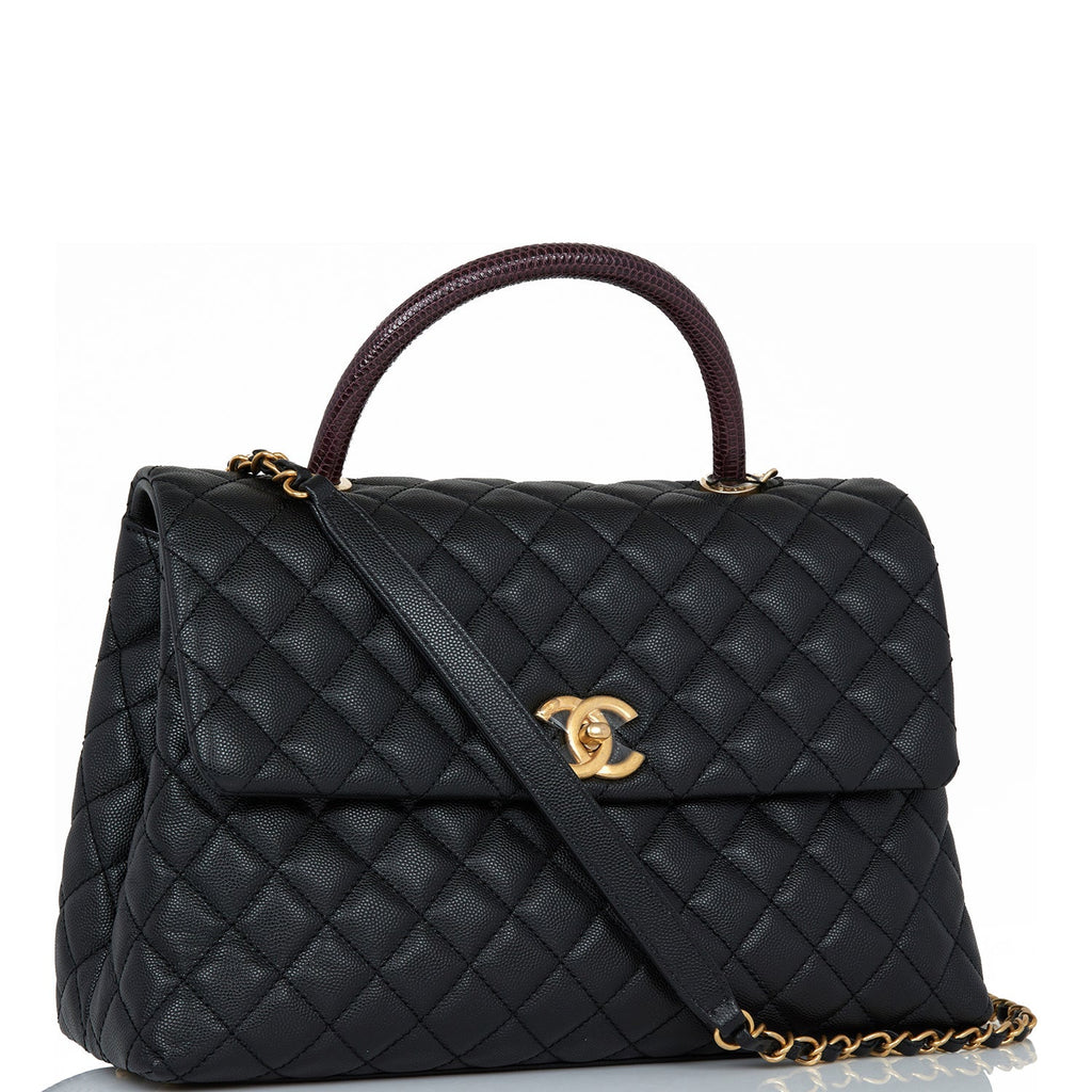 Chanel Large Coco Handle Flap Bag Black Caviar Lizard Handle Antique Gold Hardware