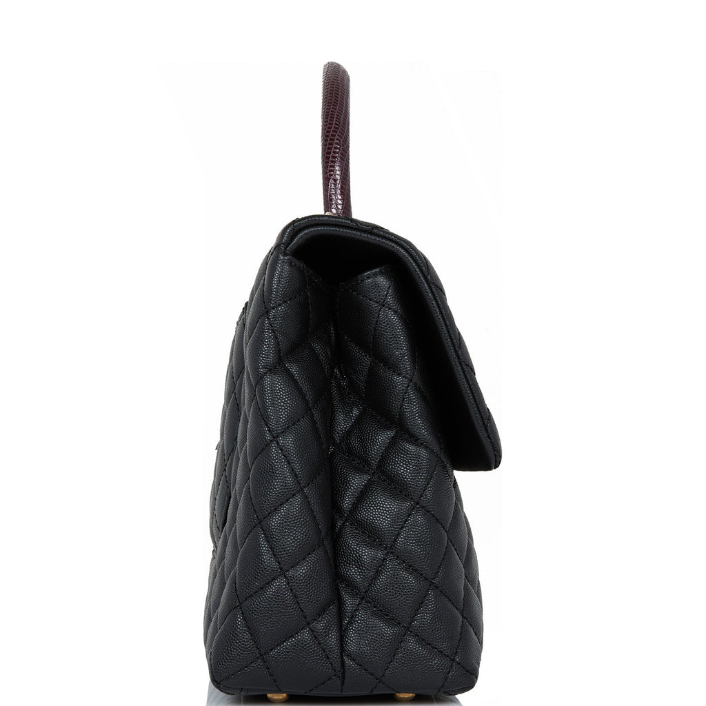 Chanel Large Coco Handle Flap Bag Black Caviar Lizard Handle Antique Gold Hardware