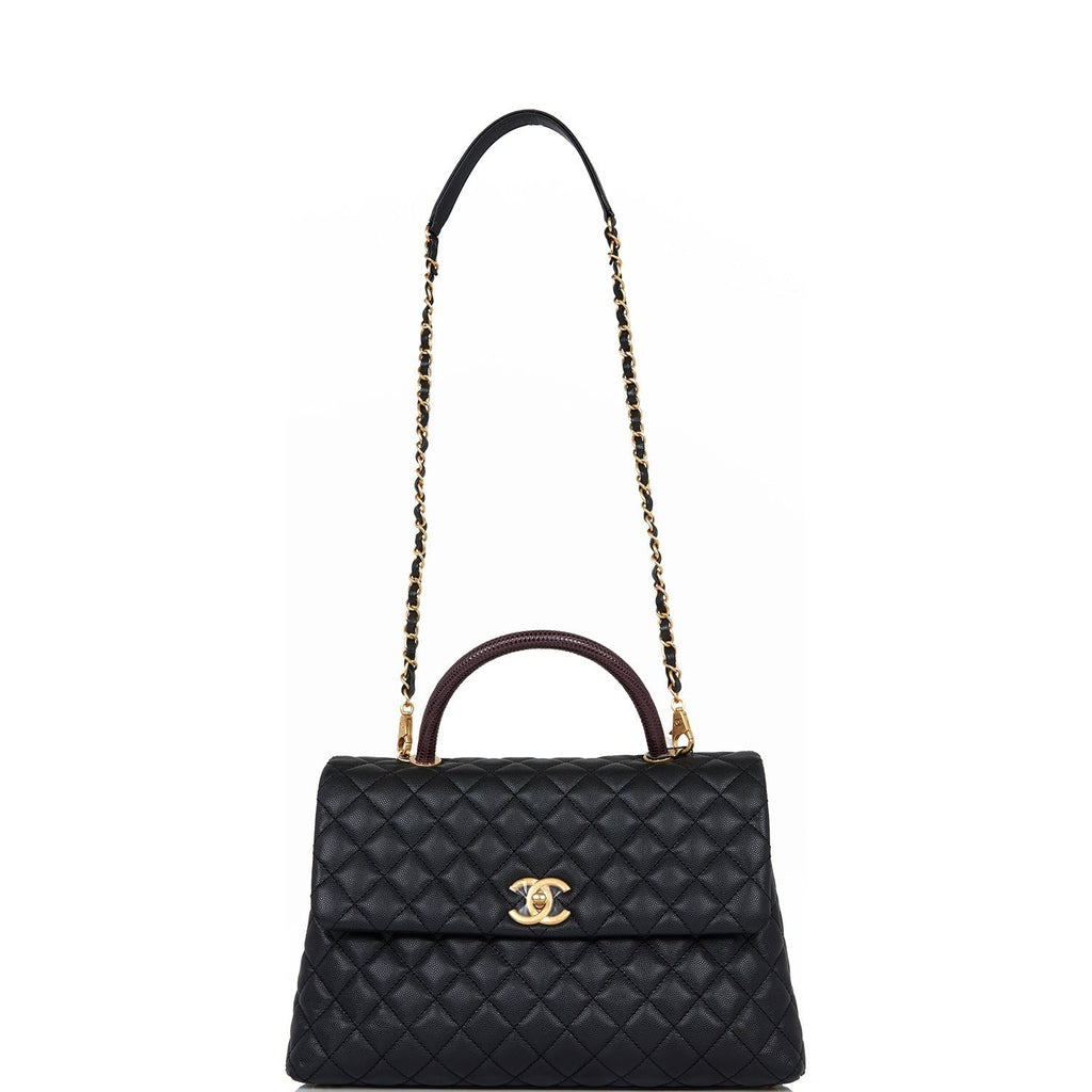 Chanel Large Coco Handle Flap Bag Black Caviar Lizard Handle Antique Gold Hardware