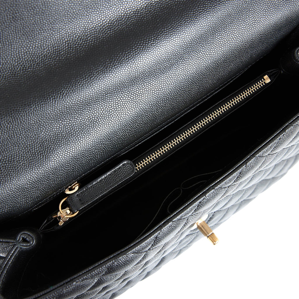 Chanel Large Coco Handle Flap Bag Black Caviar Lizard Handle Antique Gold Hardware