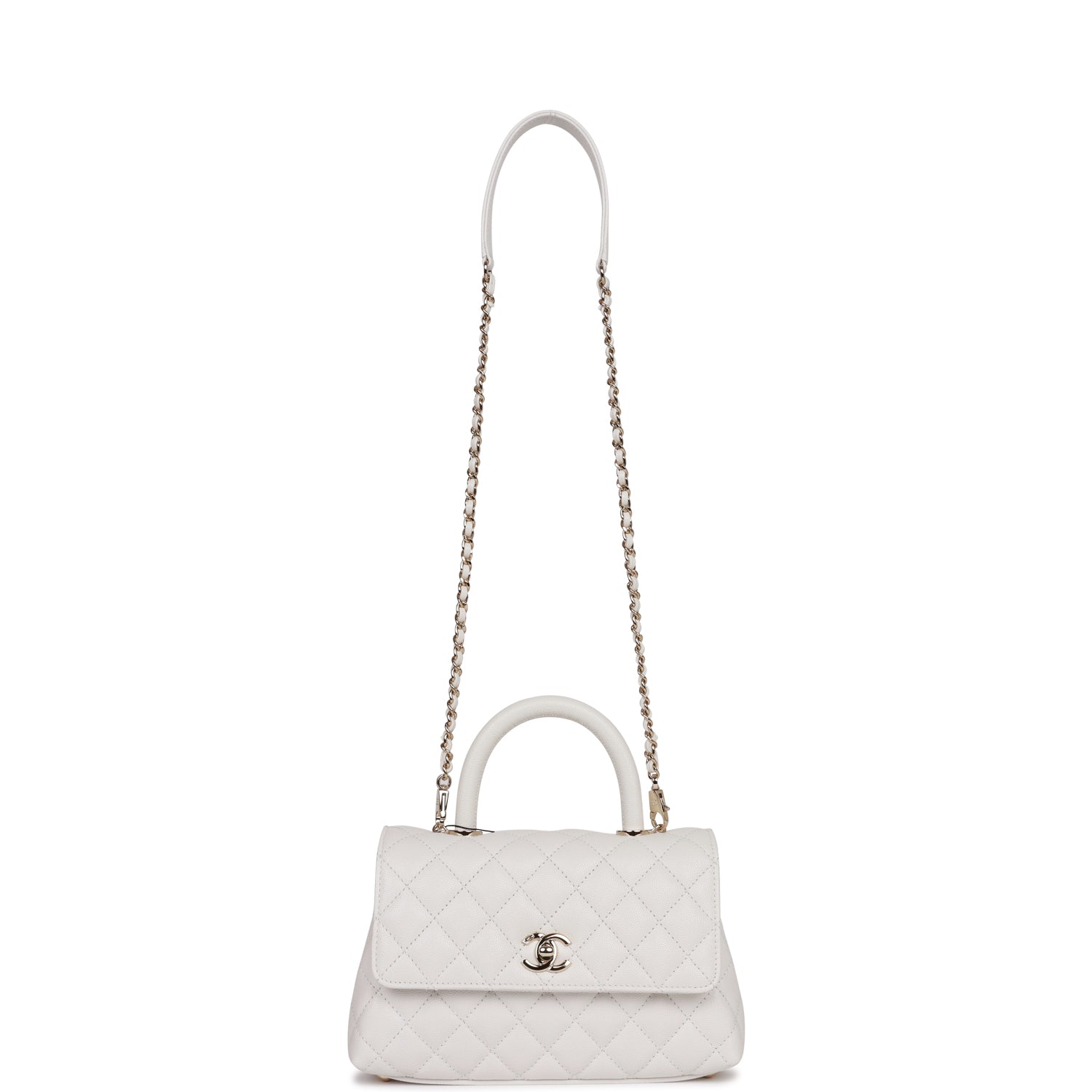 Chanel Small Coco Handle Flap Bag White Caviar Light Gold Hardware