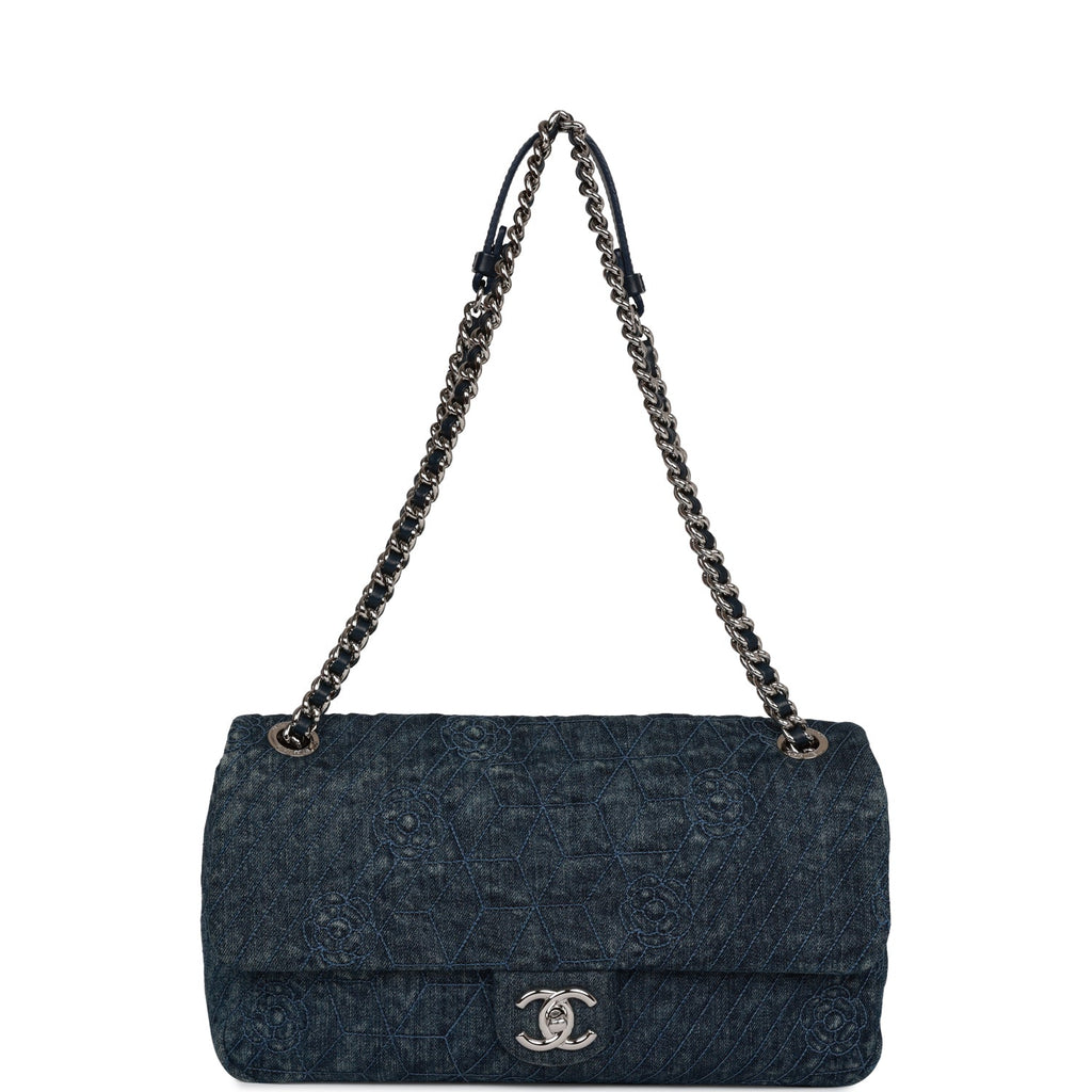 Chanel Camellia Flap Bag Distressed Blue Denim Silver Hardware