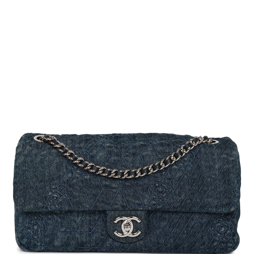 Chanel Camellia Flap Bag Distressed Blue Denim Silver Hardware