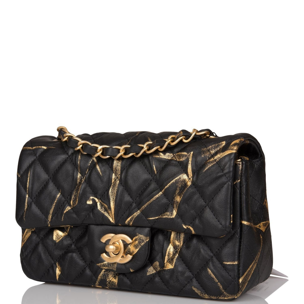 Chanel Mini Rectangular Flap Bag Black and Gold Aged Calfskin Antique Gold Hardware