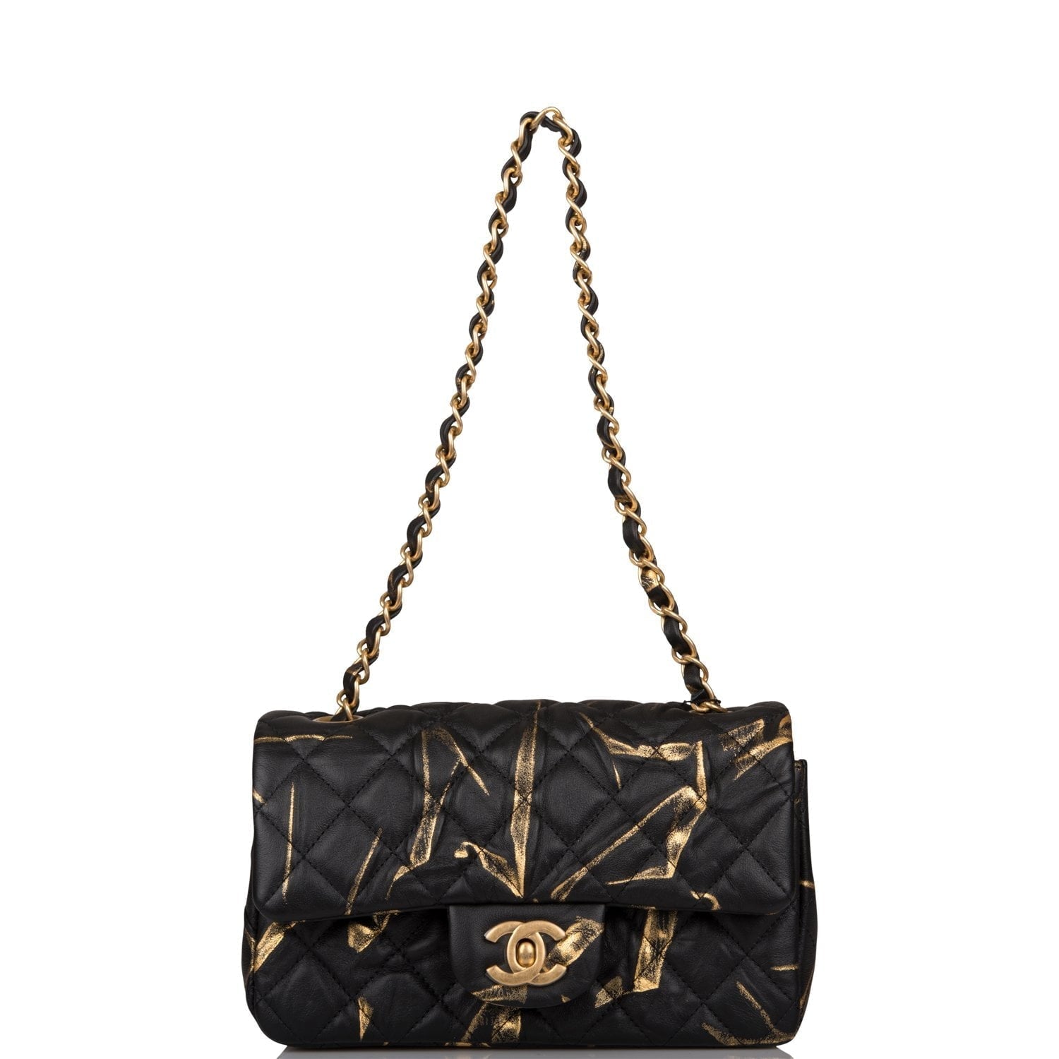 Chanel Mini Rectangular Flap Bag Black and Gold Aged Calfskin Antique Gold Hardware