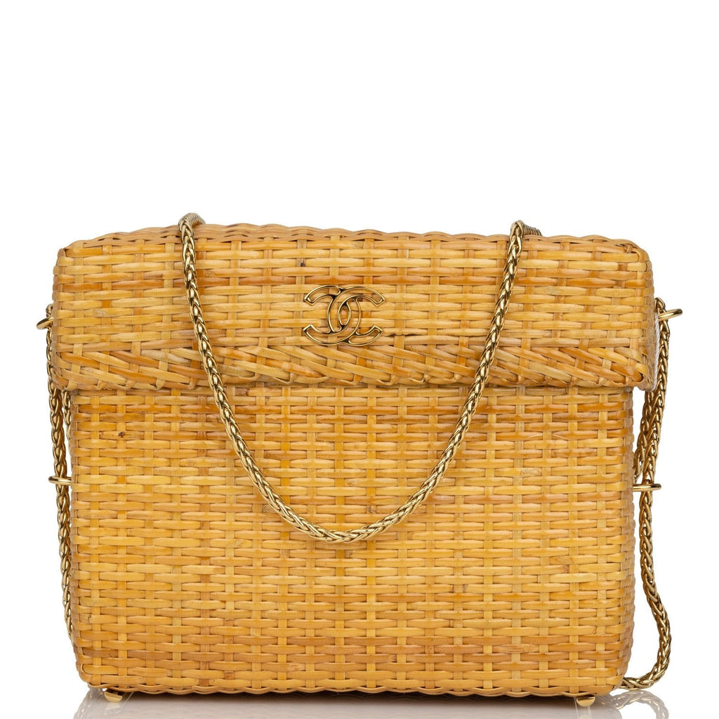 Chanel Vintage Small Picnic Basket Bag Natural Wicker Gold Hardware