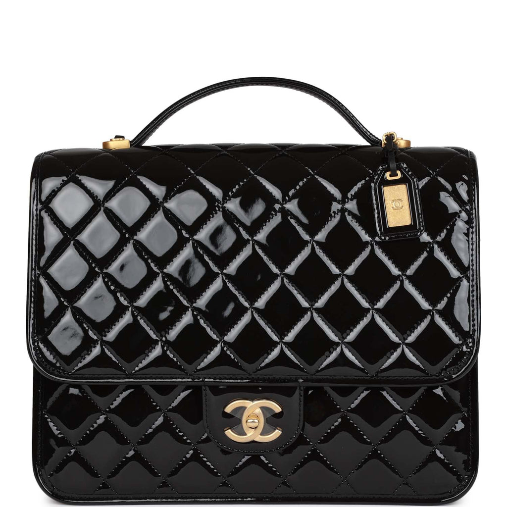Chanel Large Flap Backpack Black Patent Antique Gold Hardware
