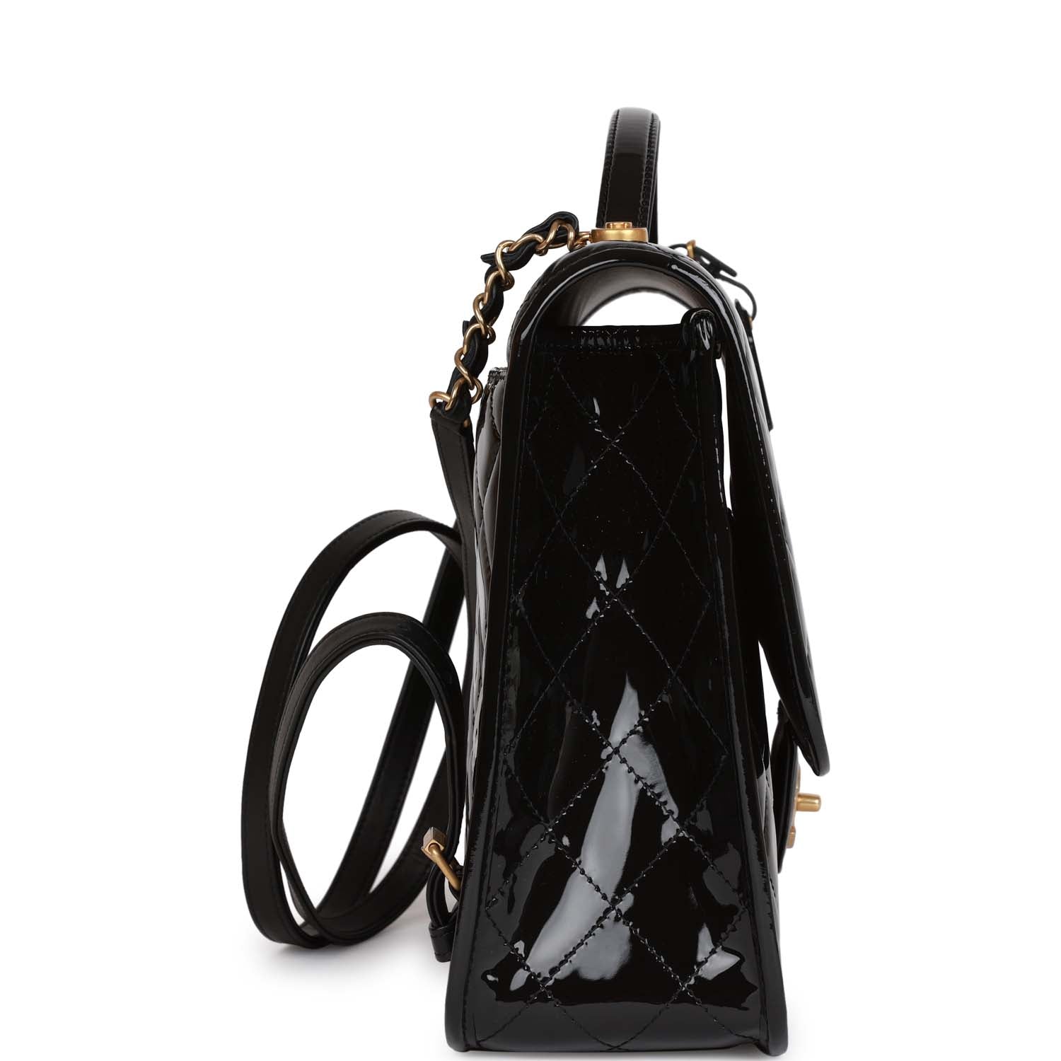 Chanel Large Flap Backpack Black Patent Antique Gold Hardware