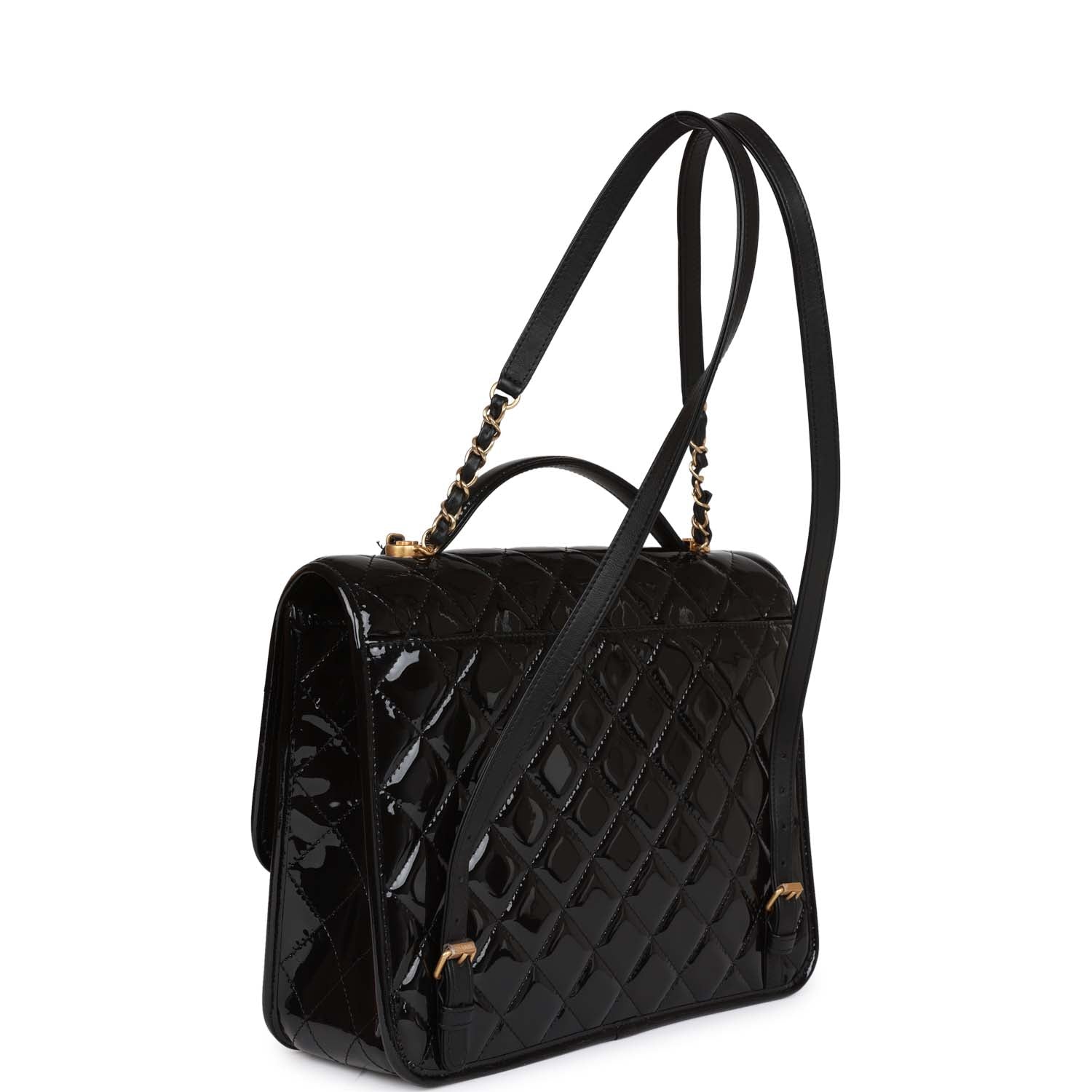 Chanel Large Flap Backpack Black Patent Antique Gold Hardware