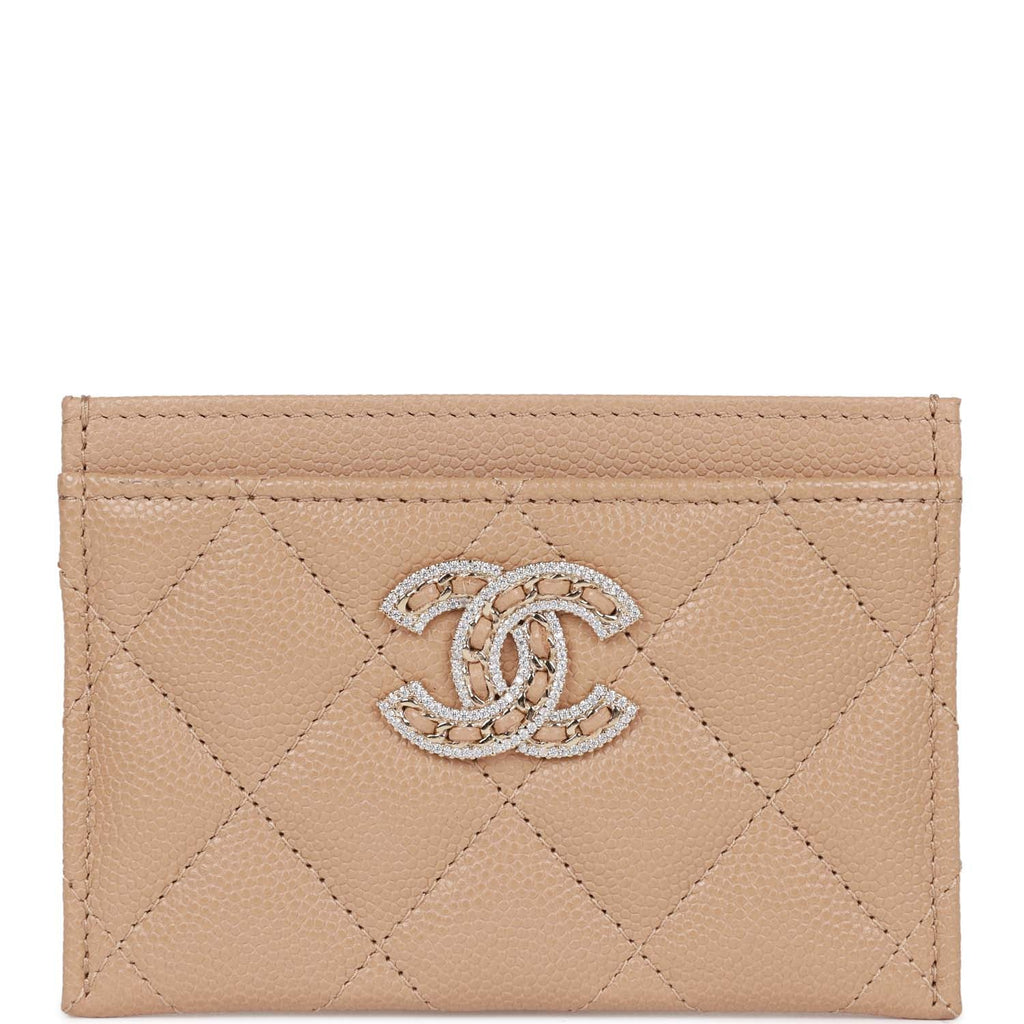 Chanel  Holder Wallet Beige Caviar Crystal and Light Gold Hardware