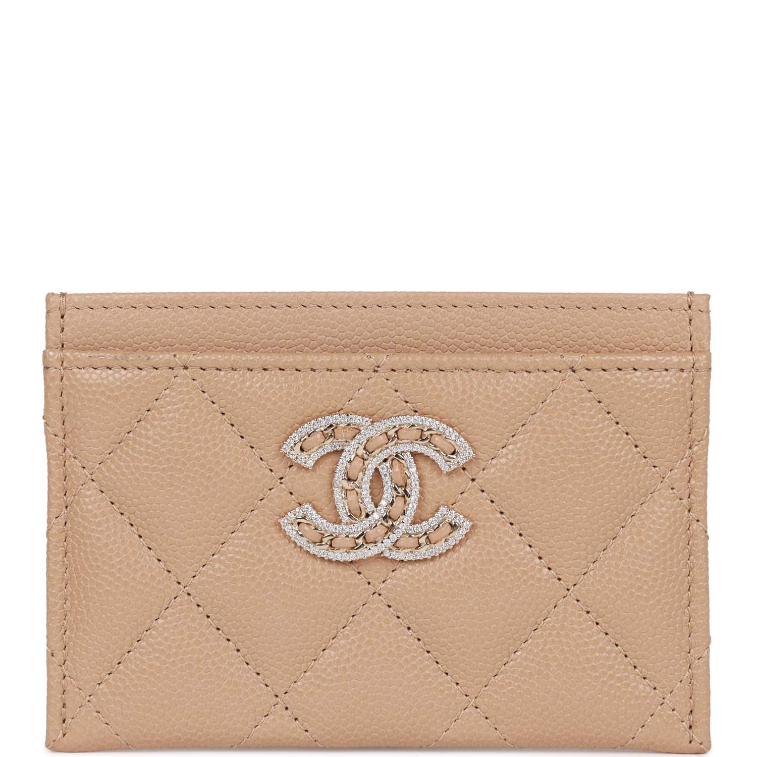 Chanel  Holder Wallet Beige Caviar Crystal and Light Gold Hardware