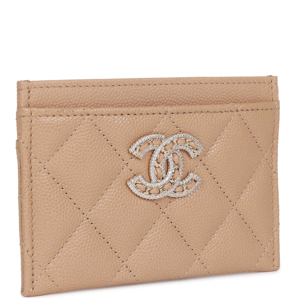Chanel  Holder Wallet Beige Caviar Crystal and Light Gold Hardware