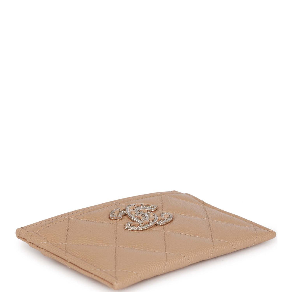 Chanel  Holder Wallet Beige Caviar Crystal and Light Gold Hardware