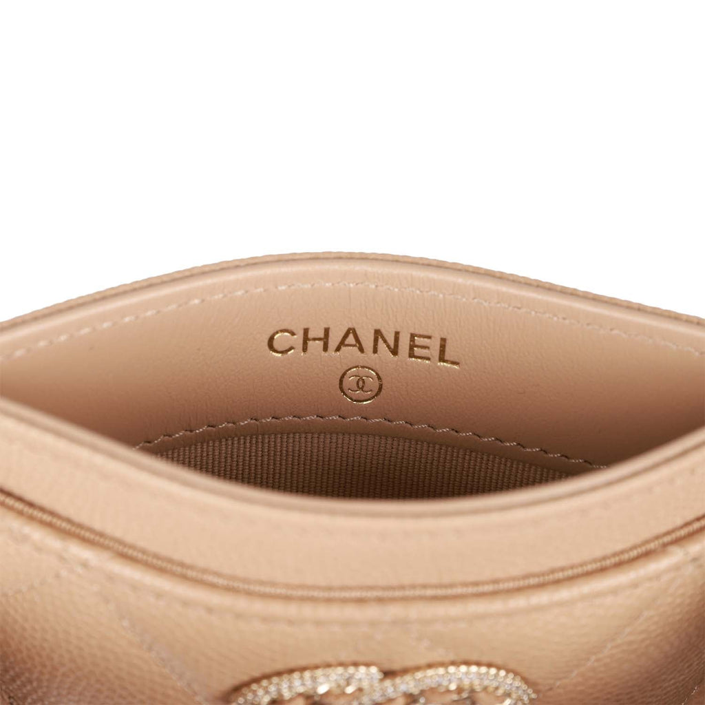 Chanel  Holder Wallet Beige Caviar Crystal and Light Gold Hardware