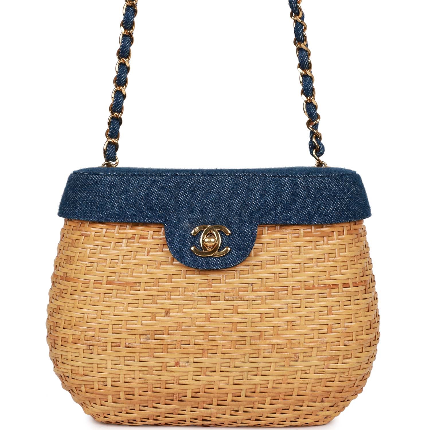 Chanel Vintage Basket Bag Denim and Rattan Wicker Gold Hardware